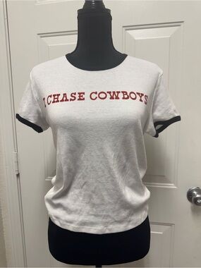 I Chase Cowboys Short Sleeve Ringer Tee - White with Red Print